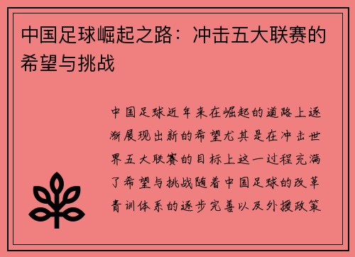 中国足球崛起之路：冲击五大联赛的希望与挑战