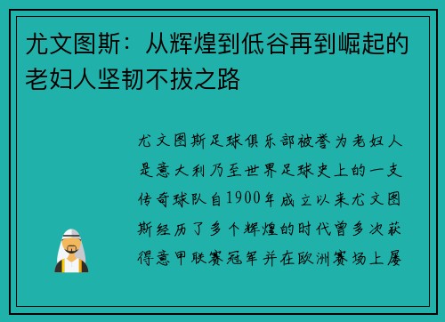 尤文图斯：从辉煌到低谷再到崛起的老妇人坚韧不拔之路